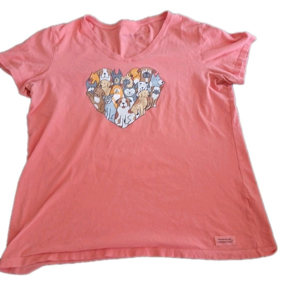 Life is Good Orange Dog Heart Graphic V-Neck Short Sleeve Women's T-Shirt Large